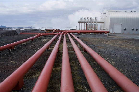 Pipes leading to a geothermal energy plant in Iceland